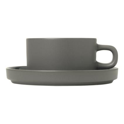 Tasse à thé avec soucoupe PILAR set de 2 pc, 200 ml, gris foncé, céramique, Blomus