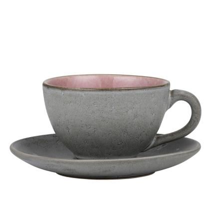 Tasse à thé avec soucoupe 220 ml, gris/rose clair, Bitz