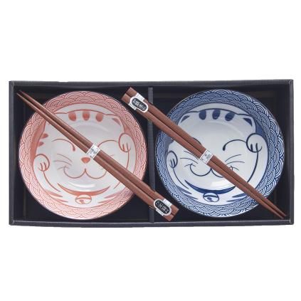 Bol avec baguettes MANEKEI WAVE , set de 2 pc, 400 ml, rouge et bleu, MIJ