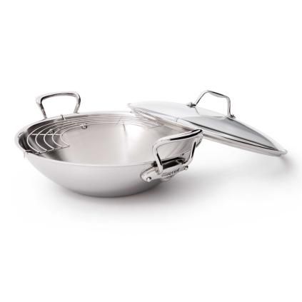 Wok 32 cm, poignées en acier inoxydable, couvercle en verre, Mauviel
