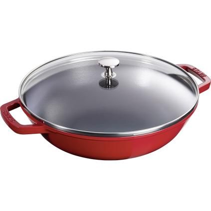 Wok 30 cm, avec couvercle en verre, cerise, fonte, Staub