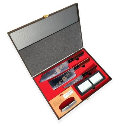 Set de couteaux Japonais JOSHI SAKURA, 4 pièces, avec pierre à aiguiser, coffret cadeau, Dellinger