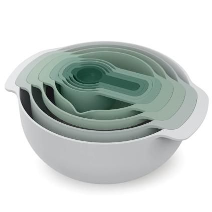 Bol de cuisine en set NEST 40112, 9 pièces, avec passoire et tasses à mesurer, gris / vert, Joseph Joseph