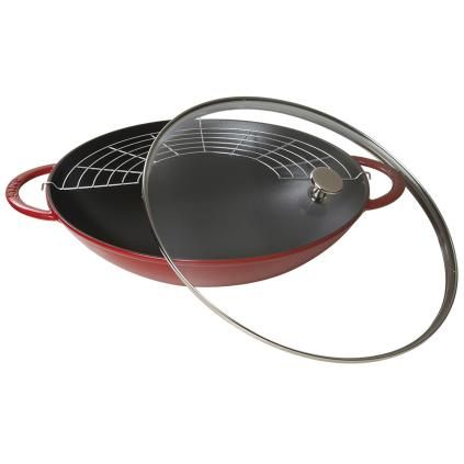 Wok 37 cm, avec couvercle en verre, cerise, fonte, Staub