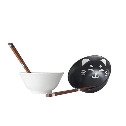 Bol CAT FACE DESIGN 400 ml, set de 2 pc, avec baguettes, MIJ