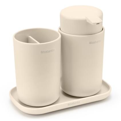 Distributeur de savon liquide et verre porte brosse à dent en set RENEW beige doux, Brabantia