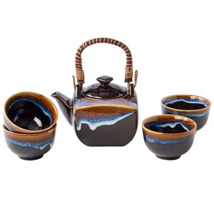 Ensemble de thé TENMOKKU, set de 5 pc, noir, céramique, MIJ
