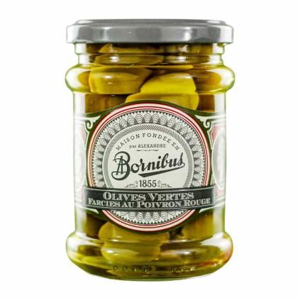 228057 zelene olivy 270 g plnene cervenou paprikou bornibus